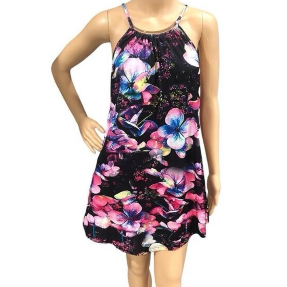 Floral Butterfly Straps Gold/Neck/Detail Asymmetric Flare Tunic Top Sz 2XL